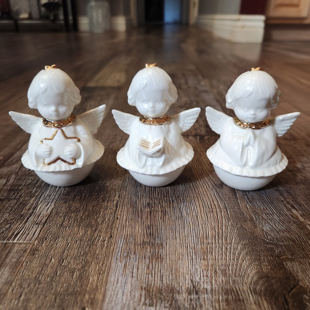 Vintage Giftco INC Ceramic Angel Figurines Cream Gold Trim Set of 3 Cherubs 4in